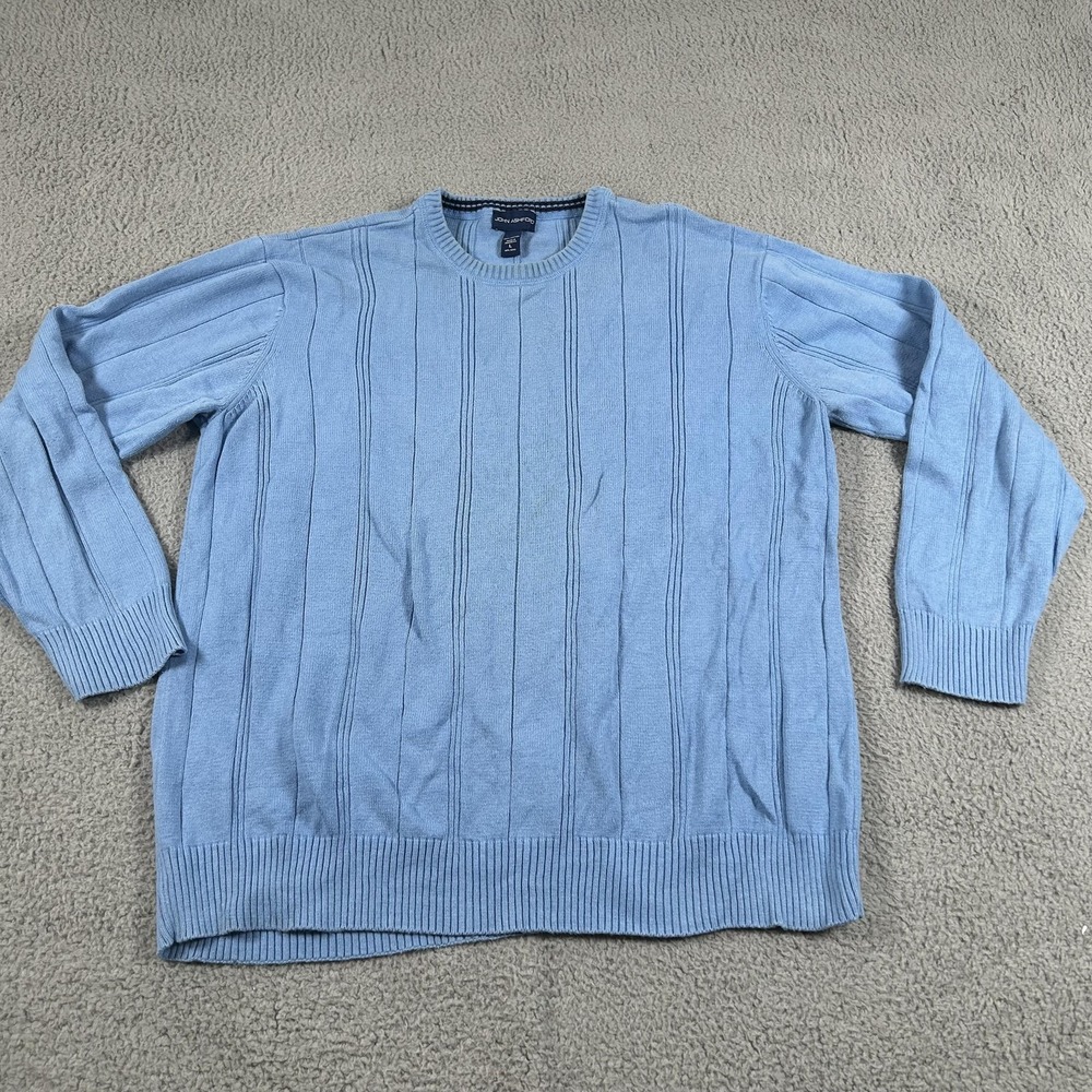 John Ashford Sweater Mens Large Light Blue Cotton Crewneck Textured Rib Knit